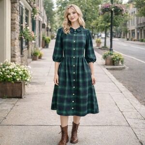 Umgee Green Plaid Button-Up Dress Large Cottagecore Prairie Woodland Peasant